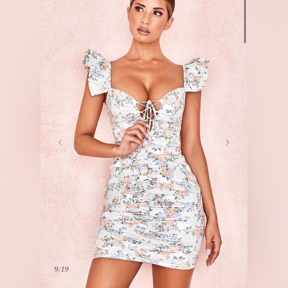 HOUSE OF CB London Kara Floral Mini Dress Ruched LaceUp Ruffle Sleeve Bodycon XS - Picture 1 of 17